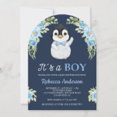 Blue Watercolor Floral Penguin Navy Baby Shower 招待状 (正面)
