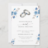 Blue Watercolor Floral Rings Elegant Photo Wedding 招待状 (正面)