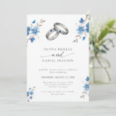 Blue Watercolor Floral Rings Elegant Photo Wedding 招待状 (スタンド正面)