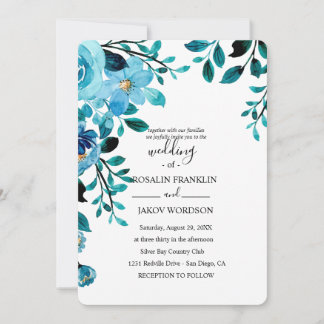 blue watercolor floral rustic wedding 招待状
