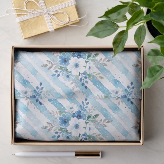 Blue Watercolor Floral Stripe Gift Wrapping 薄葉紙 (ギフト)