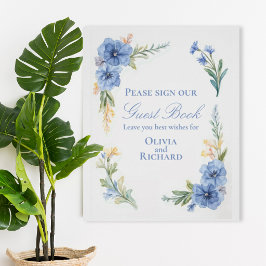 Blue Watercolor Floral Wedding Guest Book Poster ポスター