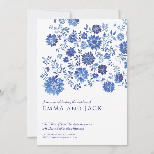 Blue Watercolor Floral Wedding Invitation 招待状 (正面)