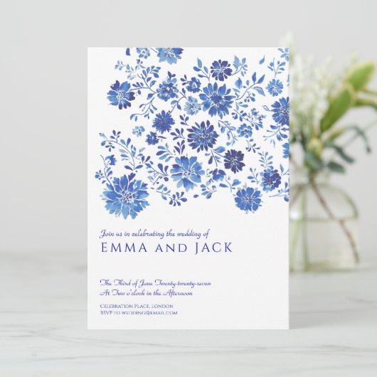 Blue Watercolor Floral Wedding Invitation 招待状 (スタンド正面)