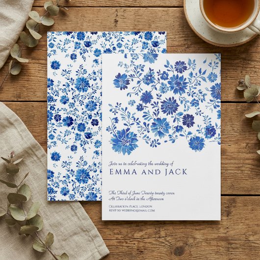 Blue Watercolor Floral Wedding Invitation 招待状