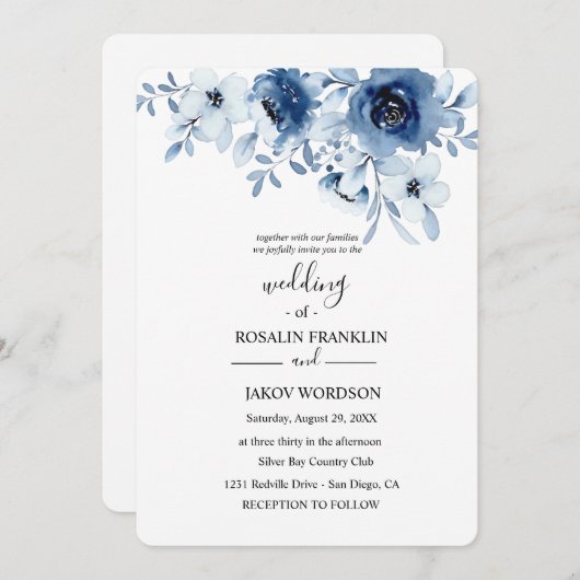 blue watercolor floral wedding Invitation 招待状 (正面/裏面)