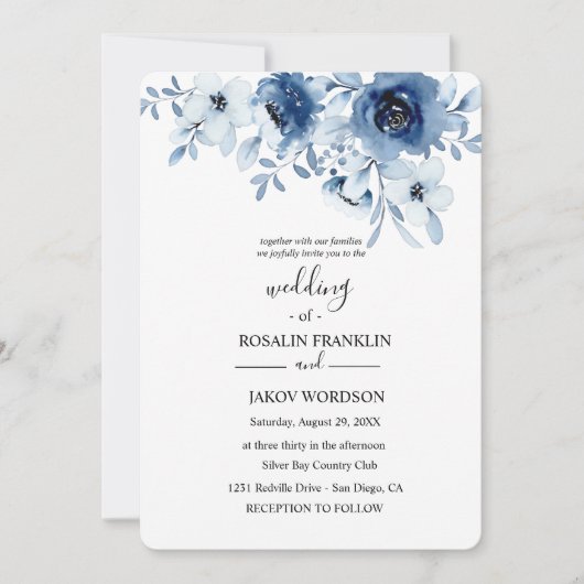 blue watercolor floral wedding Invitation 招待状 (正面)