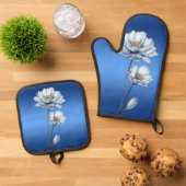 Blue Watercolor Flowers 鍋つかみ&鍋敷きセット (トップダウン)