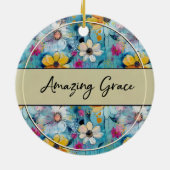 Blue Watercolor Flowers Amazing Grace セラミックオーナメント (裏面)