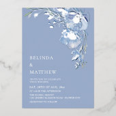 Blue Watercolor Flowers Casual Wedding 箔招待状 (正面)