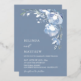 Blue Watercolor Flowers Casual Wedding 箔招待状