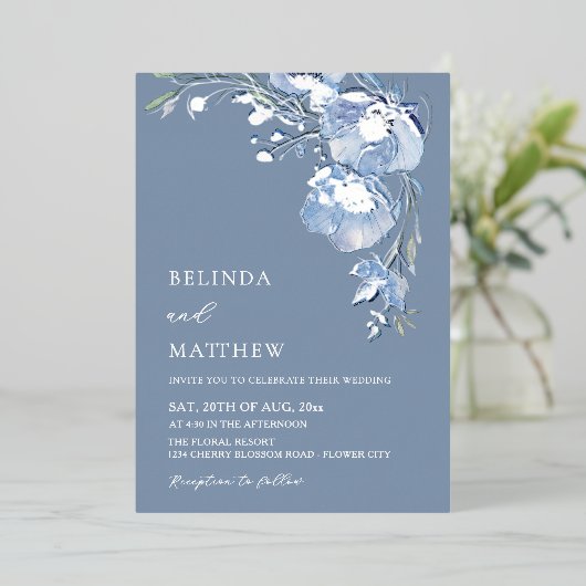 Blue Watercolor Flowers Casual Wedding 箔招待状 (立ち正面)