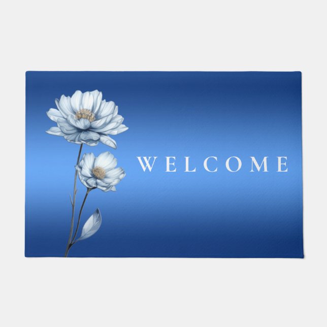 Blue Watercolor Flowers Doormat ドアマット (正面)