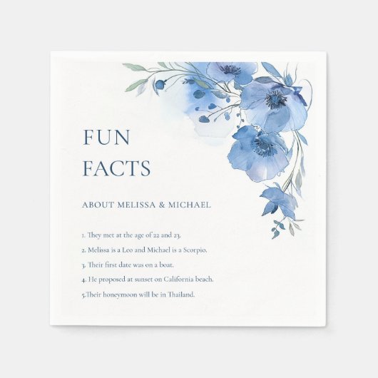 Blue Watercolor Flowers Fun Facts Wedding  スタンダードカクテルナプキン (正面)