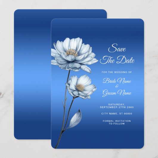 Blue Watercolor Flowers Save The Date セーブザデート (正面/裏面)