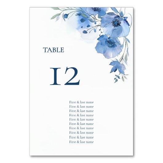 Blue Watercolor Flowers Seating Chart テーブルナンバー (正面)