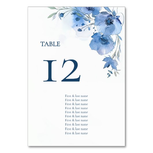 Blue Watercolor Flowers Seating Chart テーブルナンバー (正面)