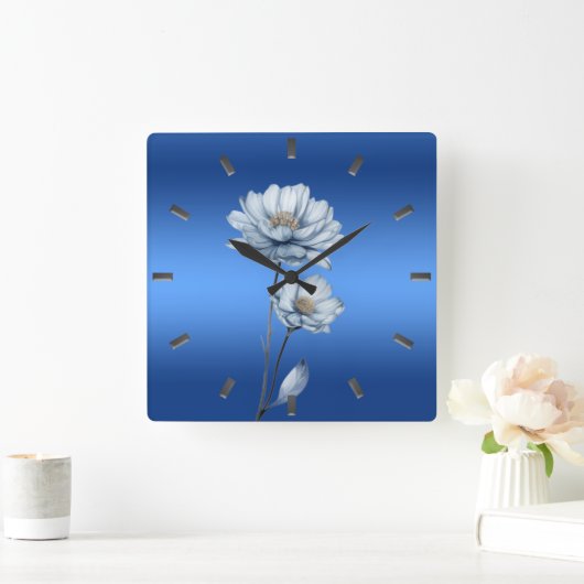 Blue Watercolor Flowers Wall Clock スクエア壁時計 (ホーム)