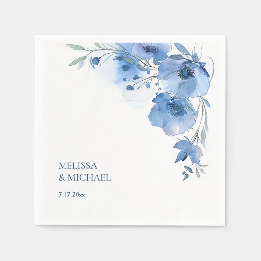 Blue Watercolor Flowers Wedding スタンダードカクテルナプキン (正面)