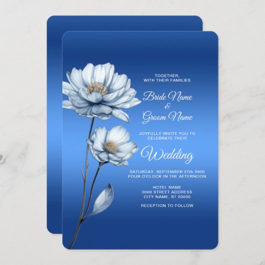 Blue Watercolor Flowers Wedding Invitation 招待状 (正面/裏面)