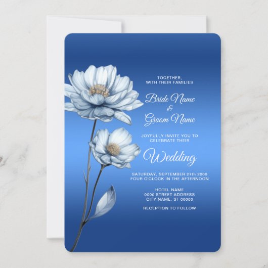 Blue Watercolor Flowers Wedding Invitation 招待状 (正面)
