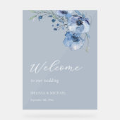 Blue Watercolor Flowers Wedding  Welcome アクリルサイン (正面)
