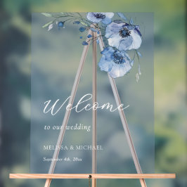 Blue Watercolor Flowers Wedding  Welcome アクリルサイン