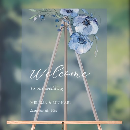 Blue Watercolor Flowers Wedding  Welcome アクリルサイン (ニュートラル)