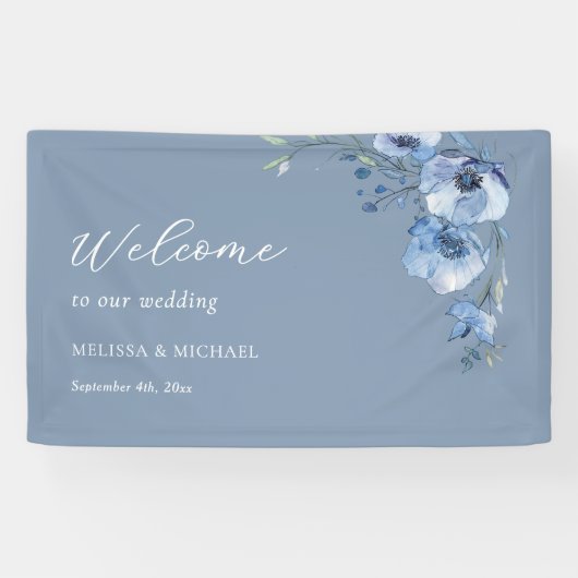 Blue Watercolor Flowers Wedding  Welcome 横断幕 (横)