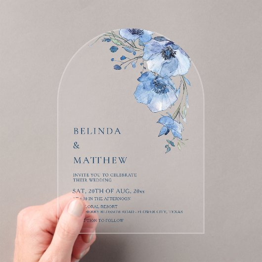 Blue Watercolor Flowers White アクリル招待状 (インサイチュ (ポータブル))