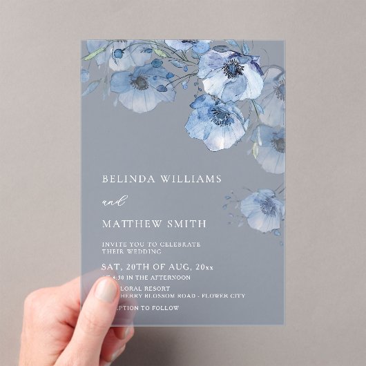 Blue Watercolor Flowers White アクリル招待状 (インサイチュ (ポータブル))