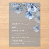 Blue Watercolor Flowers White アクリル招待状 (正面)