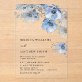 Blue Watercolor Flowers White アクリル招待状 (正面)