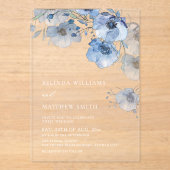 Blue Watercolor Flowers White アクリル招待状 (正面)