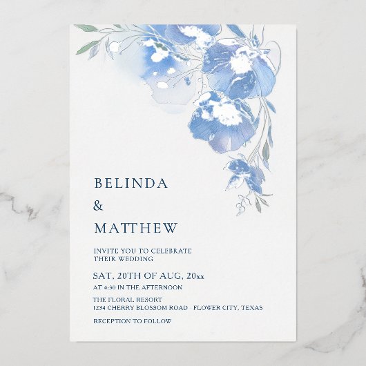 Blue Watercolor Flowers White Silver 箔招待状 (正面)