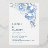 Blue Watercolor Flowers White Silver 箔招待状 (正面)