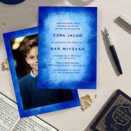Blue Watercolor Frame Custom PHOTO Bar Bat Mitzvah 招待状
