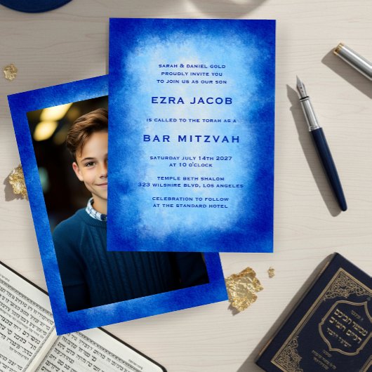Blue Watercolor Frame Custom PHOTO Bar Bat Mitzvah 招待状