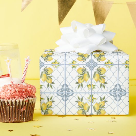 Blue Watercolor French Country Lemon ラッピングペーパー (誕生日パーティー)