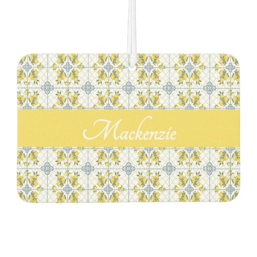 Blue Watercolor French Country Lemon Name Monogram カーエアーフレッシュナー (正面)