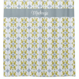 Blue Watercolor French Country Lemon Name Monogram シャワーカーテン