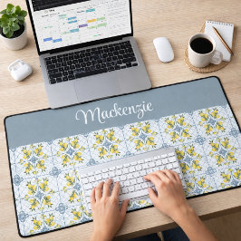 Blue Watercolor French Country Lemon Name Monogram デスクマット