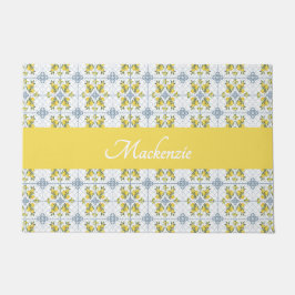 Blue Watercolor French Country Lemon Name Monogram ドアマット