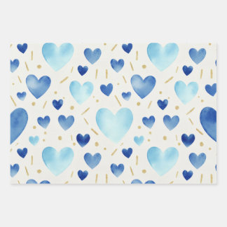 Blue Watercolor & Gold Glitter Hearts ラッピングペーパーシート