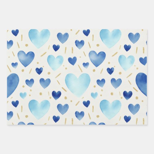 Blue Watercolor & Gold Glitter Hearts ラッピングペーパーシート (正面)