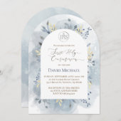  blue watercolor leaves First Holy Communion  招待状 (正面/裏面)