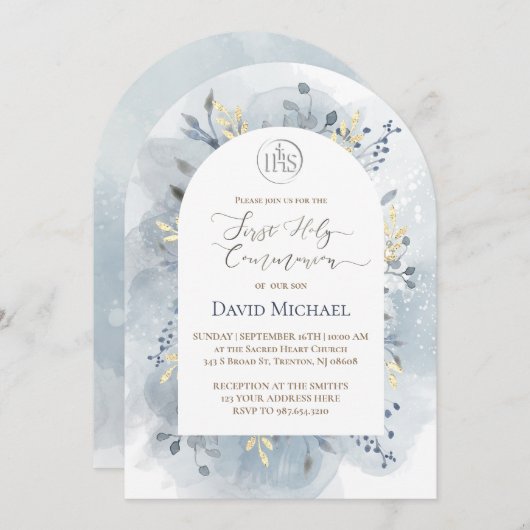  blue watercolor leaves First Holy Communion  招待状 (正面/裏面)