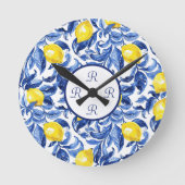 Blue Watercolor Lemon Patten Monogram  ラウンド壁時計 (正面)