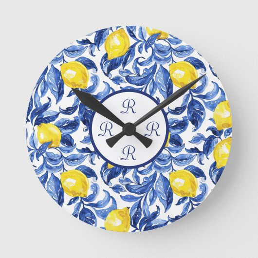 Blue Watercolor Lemon Patten Monogram ラウンド壁時計 (正面)