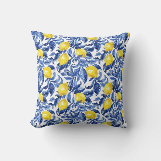 Blue Watercolor Lemon Pattern  クッション (正面)